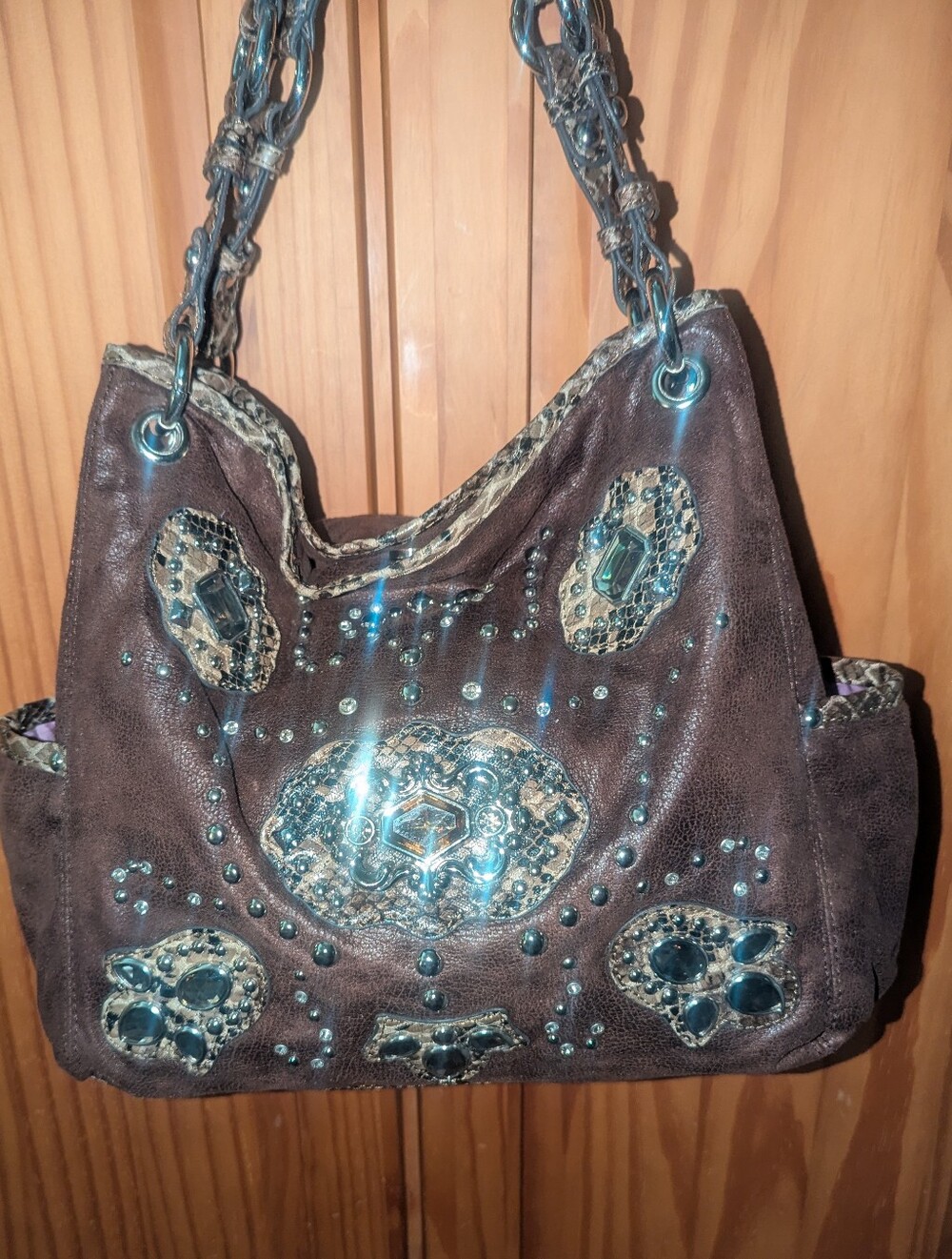 Kathy Van Zeeland Brown  Studded Rhinestone  Hobo Shoulder Bag Y2K